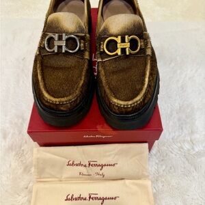Salvatore Ferragamo Brown Loafers with Metallic Accents